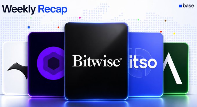 A 'Weekly Recap' banner from Base featuring five crypto company logos displayed as illuminated panels, with the central Bitwise logo prominently shown, flanked by partially visible logos for Polygon, Kraken, and Coinbase on a light background.