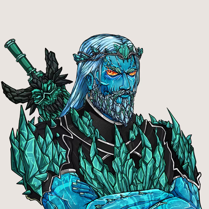 An illustrated character with long white hair, a blue crystalline face with red eyes, wearing black armor with green crystal accents and a crown, with a green sword strapped across his back.