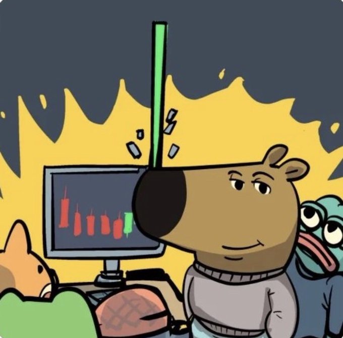 A cartoon meme showing a bear character looking at a computer screen displaying a falling stock chart in red and green candles, with flames in the background.