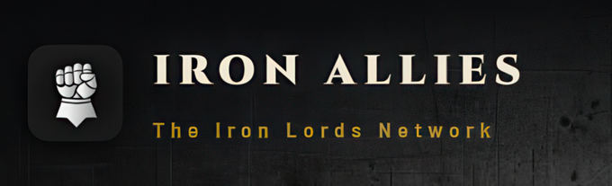 The image shows the logo and branding for "IRON ALLIES" with the tagline "The Iron Lords Network" displayed beneath the title, accompanied by an icon of a gloved fist. This banner visually introduces the Iron Allies platform, whose $IRON token powers a live auction system for Web3 opportunities like whitelists, mints, and airdrops as described in the accompanying post.
