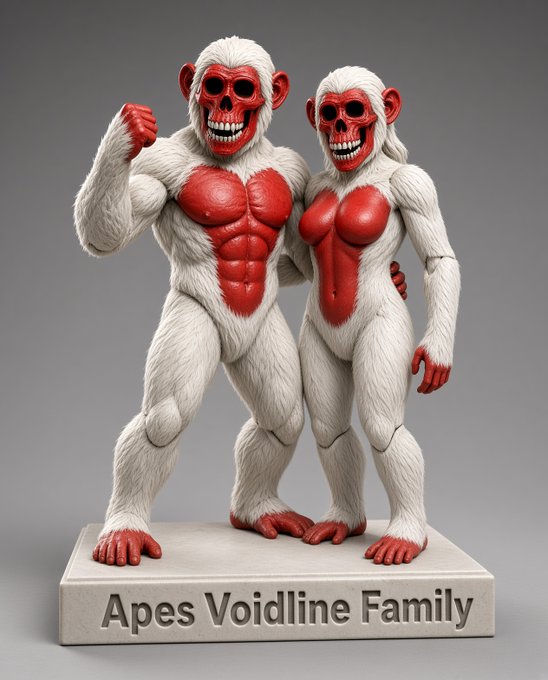 A figurine of two white apes with red skeletal faces and red muscular torsos, mounted on a base labeled 'Apes Voidline Family'.