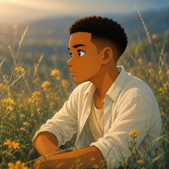 A digital illustration of a young Black man with short curly hair wearing a white shirt, sitting in a field of yellow flowers at sunset.