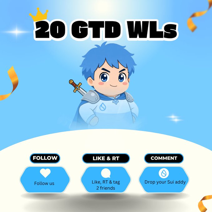 Promotional graphic for a “20 GTD WLS” giveaway, featuring a blue-haired chibi knight from Sui. It instructs users to “FOLLOW us,” “Like, RT & tag 2 friends,” and “Drop your Sui addy,” matching the post’s Kinguard Mint Whitelist giveaway steps.
