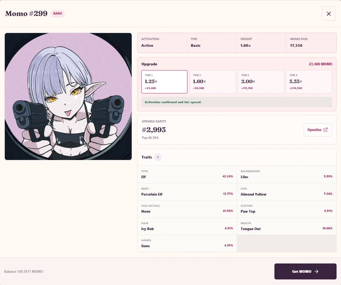 An NFT detail page for "Momo #299" showing an anime-style elf character with guns, displaying activation tier (Basic, 1.0x), upgrade options up to 3.53x, and various rarity traits like Elf (42.34%) and Lilac background.