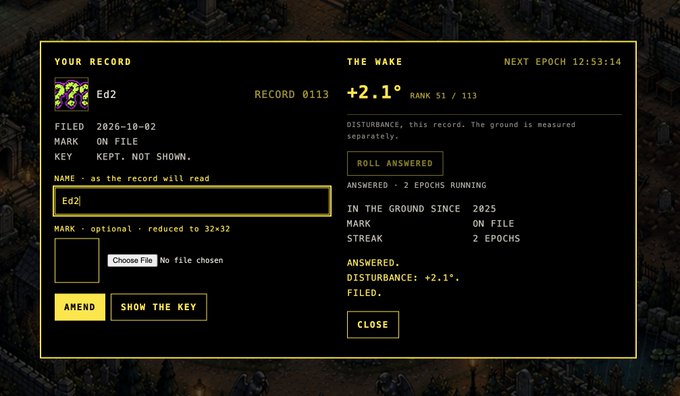 A video game interface titled 'YOUR RECORD' shows details like 'RECORD 0113', 'Ed2', 'FILED 2026-10-02', 'THE WAKE', 'DISTURBANCE: +2.1°', and 'NEXT EPOCH 12:53:14' with buttons for 'AMEND', 'SHOW THE KEY', and 'CLOSE'.