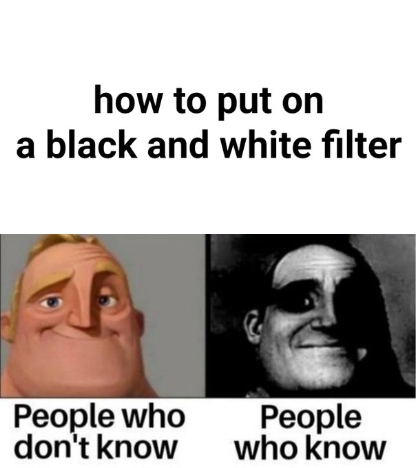 The image is a meme titled "how to put on a black and white filter," showing Mr. Incredible in his normal appearance labeled "People who don't know" next to the black-and-white horror version labeled "People who know." It humorously relates to the post by suggesting that applying a "black and white filter" to the trader's bullish outlook on $NEON would reveal the grim reality of the setup.