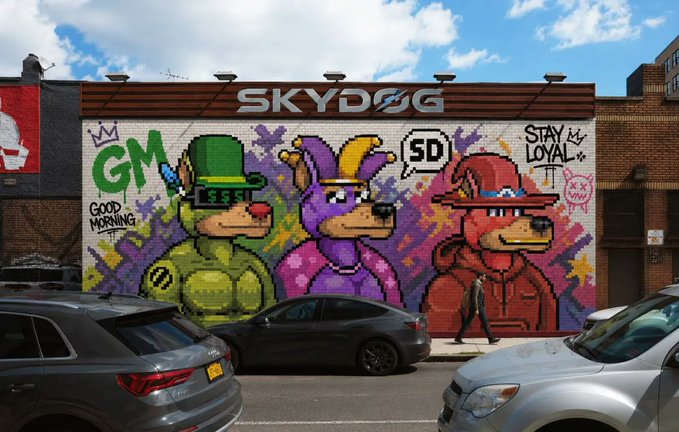 A vibrant street art mural titled "SKYDOG" featuring three pixel-art dogs in green, purple, and red outfits, with graffiti text reading "GM Good Morning," "SD," "STAY LOYAL," and "NYCH," painted on a brick wall with parked cars in the foreground.