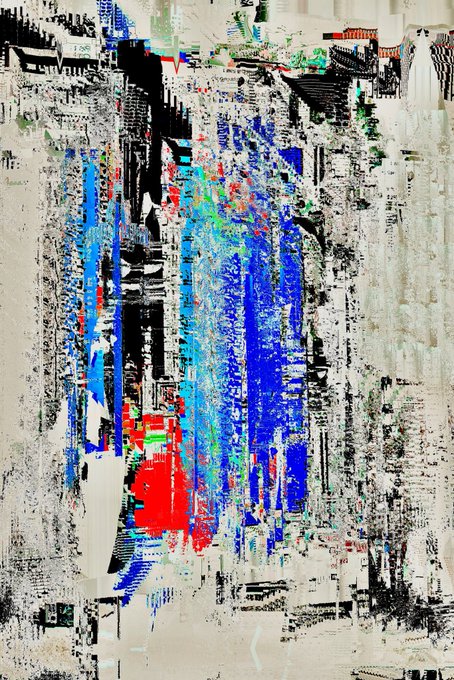 Abstract digital art piece with a glitch-like composition featuring bold blue and red vertical strokes against white and black fragmented patterns.