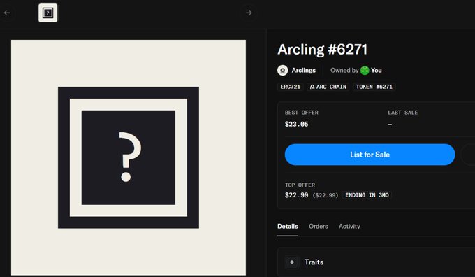 The image shows an NFT marketplace listing for "Arcling #6271" on the Arc Chain (ERC721, Token #6271), which is owned by the user and displays a floor pump price of $23.05 with a top offer of $22.99 ending in 3 minutes. This relates directly to the post highlighting ArclingsNFT's floor price pump to $23, as the listing confirms this price point on the marketplace.