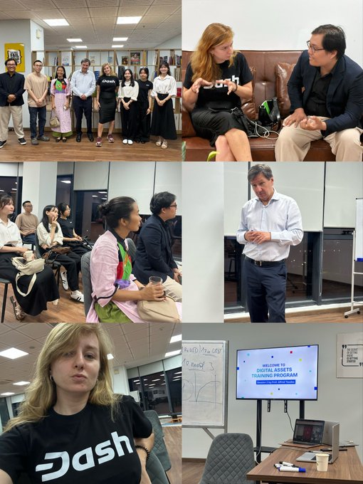 A collage of six photos from what appears to be a Dash 'Digital Assets Training Program' event, showing group photos, people in discussion, and a woman wearing a black 'Dash' branded t-shirt.