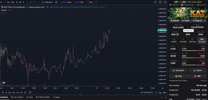 A TradingView chart showing the price action of 'KAT/SOL on PumpSwap' with the token KAT displayed at $0.00004309, alongside market cap and token statistics on the right panel.