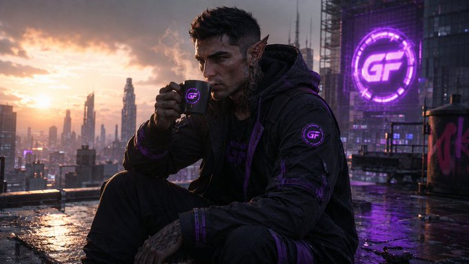 A tattooed, elf-eared character in a black hoodie sips from a purple 'GF' branded mug against a futuristic city skyline with a glowing 'GF' logo.