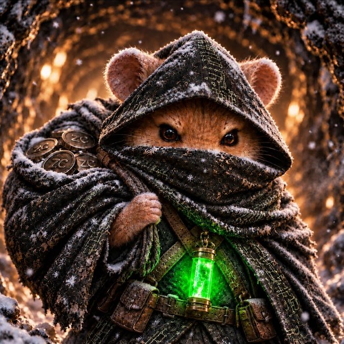 A fantasy digital artwork depicting a small mouse or rodent wearing a hooded cloak, carrying a sack of gold coins and a glowing green lantern, with snow falling around it.