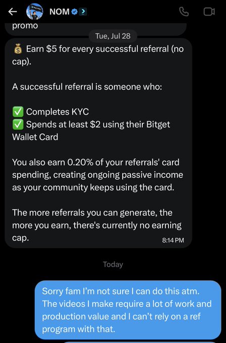 A screenshot of a Telegram chat with 'NOM' describing a referral program offering $5 per referral who completes KYC and spends at least $2 on a Bitget Wallet Card, with the user's reply declining to participate.