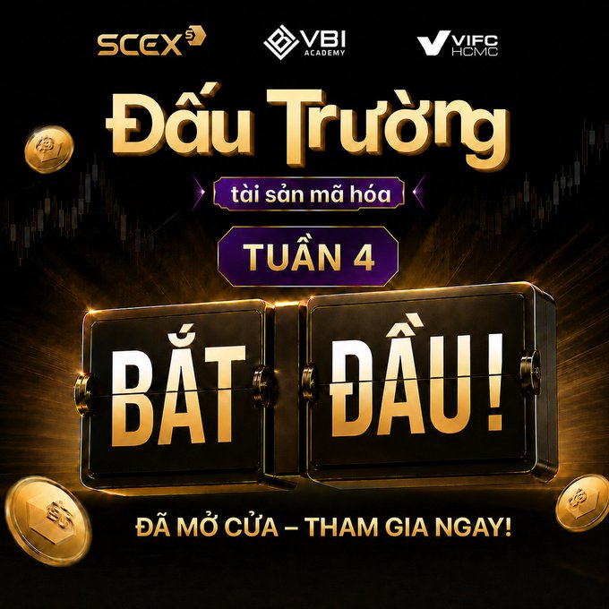 A promotional graphic for the "Đấu Trường Tài Sản Mã Hóa Tuần 4" crypto trading competition, featuring logos for SCEX, VBI Academy, and VIFC HCMC at the top, with a slot machine displaying "BẮT ĐẦU!" (Start!) and the call-to-action "ĐÃ MỞ CỬA – THAM GIA NGAY!" (Doors are open – Join now!) in golden tones, announcing Week 4 (July 27 – August 2) as the final competitive week of the program.