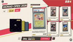 A promotional banner for 'MONAD OPEN 2026' displaying various Pokémon trading card products, including graded cards in cases and the #01 booster bundle priced at $300.