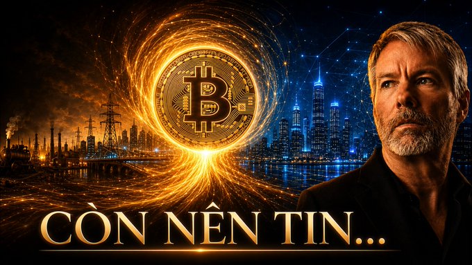 A dramatic promotional thumbnail showing Michael Saylor beside a glowing Bitcoin emblem with the Vietnamese text 'CÒN NÊN TIN...' (translation: 'Should still trust...').
