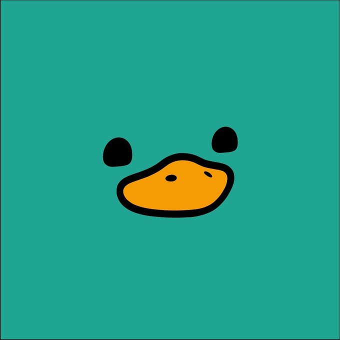 A minimalist teal background features a cartoon duck face with an orange beak and black eyes, likely serving as a playful icon for the crypto gaming project being discussed in the post about its active NFT trading and market performance.