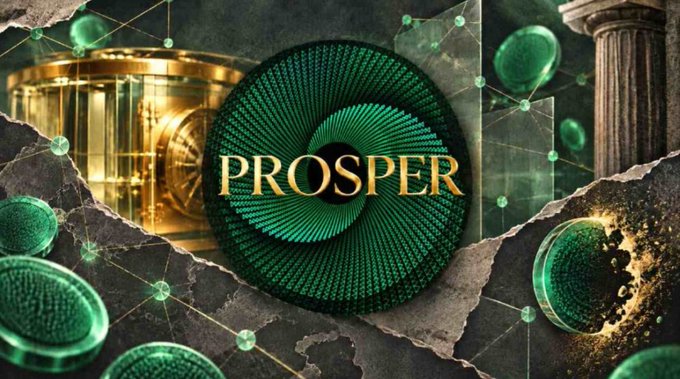 A promotional graphic featuring a golden vault, green spheres, classical columns, and the word 'PROSPER' in gold lettering on a green spiral design.