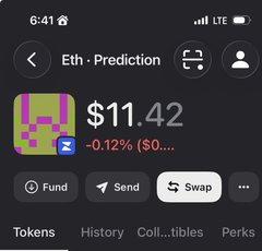 A mobile cryptocurrency wallet screen displaying the 'Eth · Prediction' token priced at $11.42, showing a -0.12% decrease, with Fund, Send, and Swap action buttons.