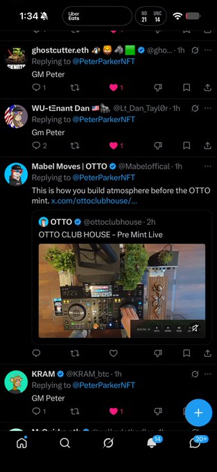 A mobile Twitter screenshot showing replies to @PeterParkerNFT with users saying 'GM Peter' and a quoted tweet from @ottoclubhouse mentioning 'OTTO CLUB HOUSE - Pre Mint Live'.