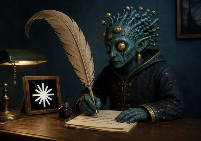 A fantasy illustration of a blue-green alien creature with golden eyes and head protrusions, wearing an ornate dark robe and writing with a large feather quill at a wooden desk lit by a green lamp.