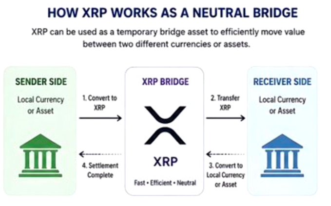 The image illustrates how XRP functions as a neutral bridge for cross-currency transactions, showing a four-step process where a sender's local currency is converted to XRP, transferred across the bridge, and converted back to the recipient's local currency, with the tagline "Fast • Efficient • Neutral" highlighting XRP's key advantages.