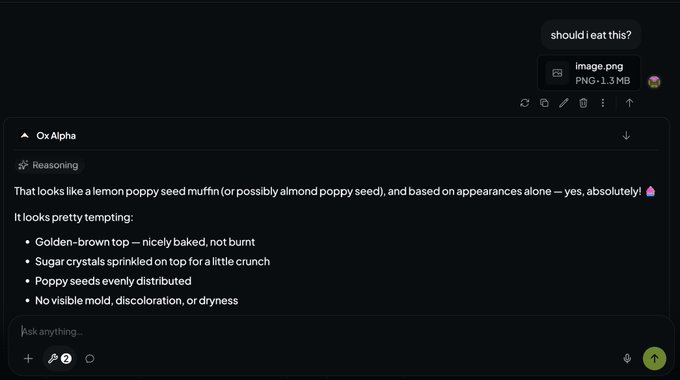 The image displays a chatbot interface with a user asking "should i eat this?" alongside an uploaded image.png (1.3 MB), to which "Ox Alpha" reasons about a muffin, describing features like a "golden-brown top" and "poppy seeds evenly distributed," appearing to agree it is safe to eat. This relates to the post's claim that Ox Alpha failed a vision test, implying the model incorrectly identified the image as edible food rather than recognizing it as something not meant to be eaten.