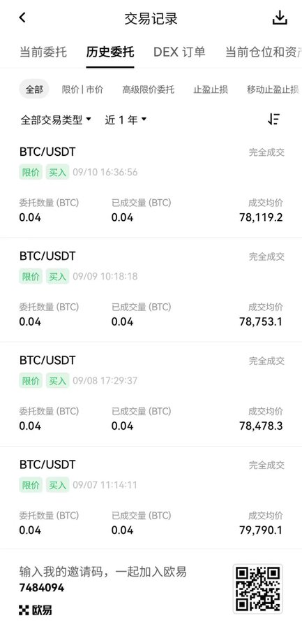 A trading app transaction history (交易记录) shows a series of fully executed BTC/USDT limit buy orders of 0.04 BTC each between 09/07 and 09/10.