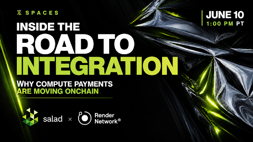 The image features a poster with a black background and white text. The title "Inside the Road to Integration" is displayed at the top center of the poster. Below this, there are two bullet points explaining why payments are moving onchain. One point states that payments are moving onchain because they are electronic, while the other point explains how this change affects node operators, builders, and the future of payments. The image also includes a logo for Salad and a website address "www.saladx.com".