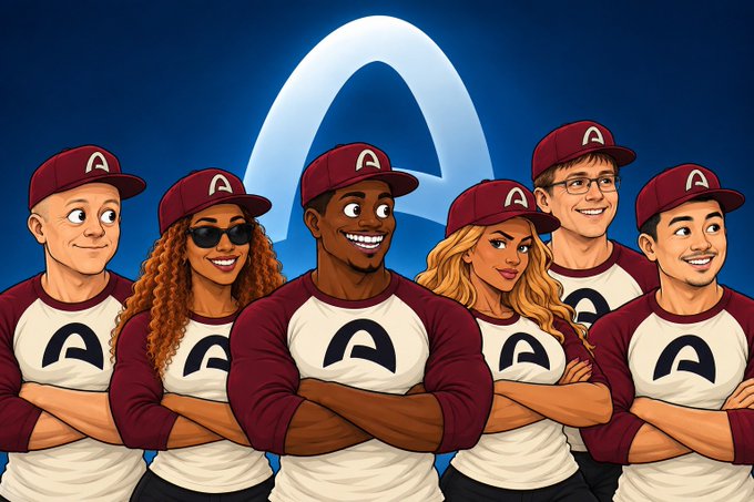 A cartoon-style illustration of six smiling people in maroon and white baseball uniforms with an 'A' logo, posing in front of a glowing blue arch background.