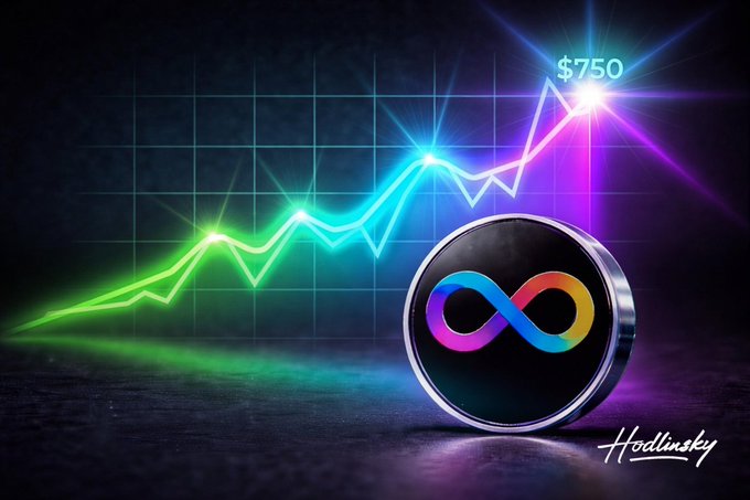A vibrant neon chart illustrates ICP's price trajectory, culminating at its $750 all-time high, with a colorful infinity-symbol coin representing the token in the foreground. The image visually reinforces the post's question about whether ICP can ever reclaim this peak price.
