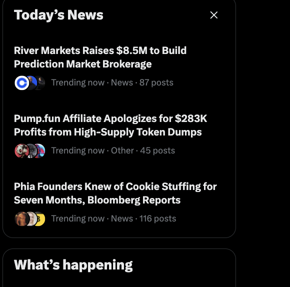 A 'Today's News' feed displaying headlines about River Markets raising $8.5M, Pump.fun affiliate apologies for $283K profits, and Phia founders knowing about cookie stuffing for seven months.