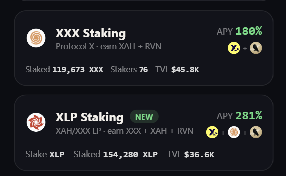 The image displays two staking options on a crypto platform: XXX Staking with an APY of 180% (119,673 XXX staked by 76 stakers, TVL $45.8K) earning XAH + RVN, and a new XLP Staking option with a higher APY of 281% (154,280 XLP staked, TVL $36.6K) earning XXX + XAH + RVN. This relates to the post about the updated XLP staking hook contract now capturing RVN pass-through from native XXX earnings, directing users to onexah.io/defi/staking to participate in Raven license acquisition through staking.