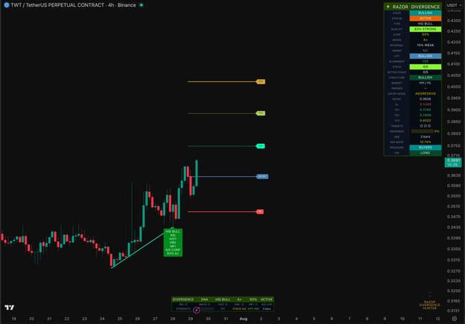 This is a cryptocurrency trading chart for TWT/TetherUS showing a "Hidden Bullish Divergence" with A+ grade