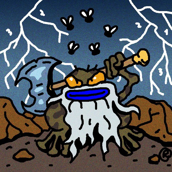 A digital illustration of a snarling, bearded fantasy creature with orange eyes holding a bone, set against a dark blue sky with white lightning and surrounded by small bug-like creatures.