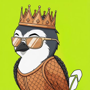 A cartoon illustration of a penguin wearing sunglasses, a gold crown, and scale armor against a bright green background.