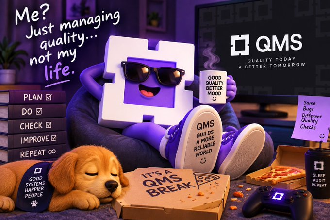 A promotional graphic for 'QMS - Quality Today, A Better Tomorrow' featuring a purple puzzle mascot wearing sunglasses, surrounded by quality management checklist items like 'Plan, Do, Check, Improve, Repeat' and a sleeping puppy.