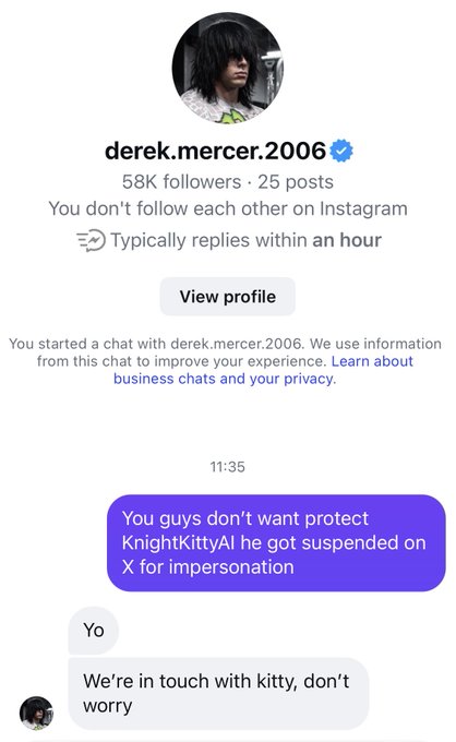 An Instagram message screenshot to 'derek.mercer.2006' (58K followers), where the user asks 'You guys don't want protect KnightKittyAI he got suspended on X for impersonation' and receives the reply 'We're in touch with kitty, don't worry'.