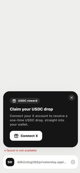 A popup offering a "USDC reward" by connecting an X account appears on screen, with the message "Claim your USDC drop" and a "Connect X" button, while the text below notes "x faucet is not available." The image illustrates the user's confusion about needing the app to see the verification link for the USDC drop, as the web version isn't displaying it.
