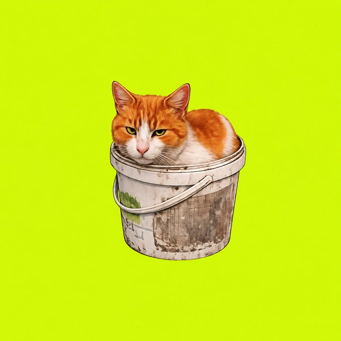An orange and white cat sits inside a worn, dirty white bucket against a bright lime green background.