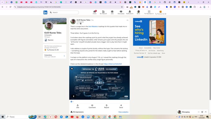A LinkedIn feed screenshot showing a post by Kirill Nunes Teles about 'Axis Robotics' and 'unpacking the AXIS TCS roadmap' milestone.