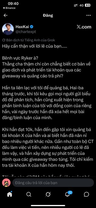 A screenshot of a Binance app showing a Vietnamese post by @chartexpt (HaxKai) on X.com, where he publicly calls out @Ryker_Crypto for being a scammer, accusing him of deleting comments, hiding losses on HOLO and KGEN tokens, and misleading followers with fake giveaway promotions. The post ends with HaxKai announcing he will review Ryker's X account.