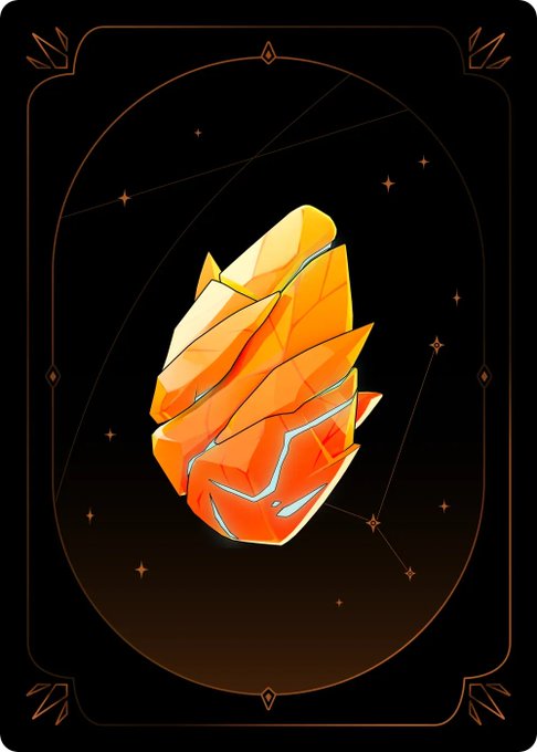 An artistic illustration of a glowing orange and yellow crystal or gem floating against a dark background with starry patterns and an ornate decorative border, resembling a tarot card design.