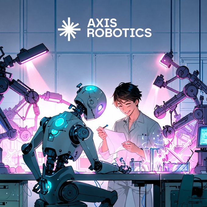 An anime-style illustration featuring the AXIS ROBOTICS logo above a scene of a smiling person in a lab coat working with a humanoid robot and mechanical arms bathed in purple light.