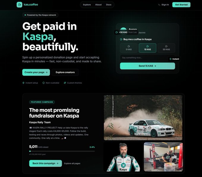Screenshot of kas.coffee website, a Kaspay-powered platform for getting 'paid in Kaspa, beautifully,' featuring a coffee tipping interface and a featured Kaspa Rally Team campaign that has raised 5,011 KAS.