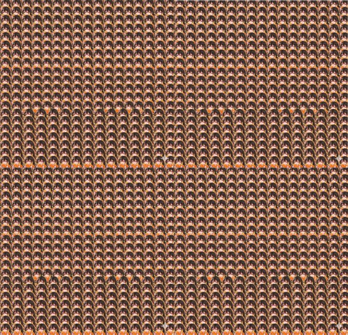A repeating tiled pattern of a small cartoon character with a red cap.