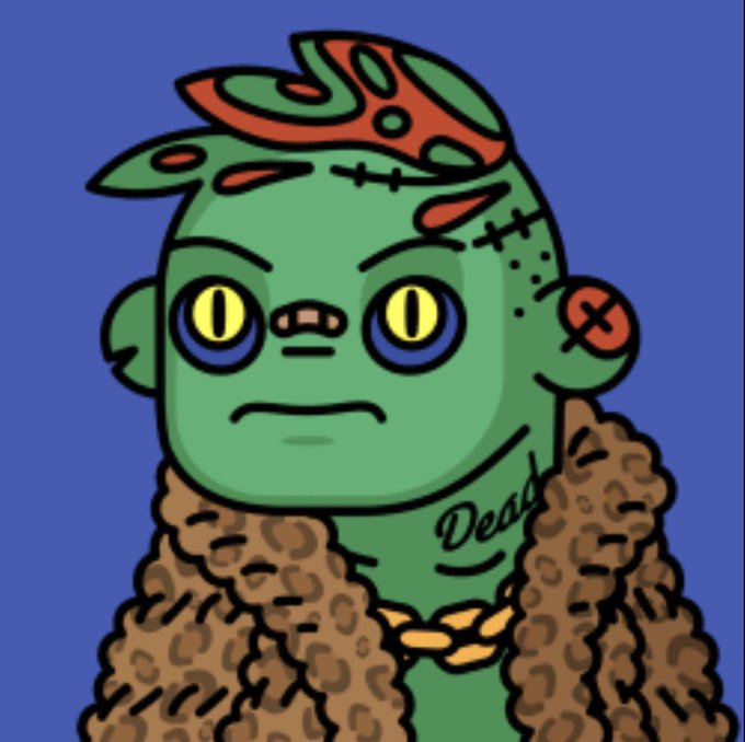 A cartoon illustration of a green-skinned zombie character with yellow eyes, stitched scars, and a red mark on its forehead, wearing a brown fur coat and gold chain with the word 'Dead' tattooed on its neck.