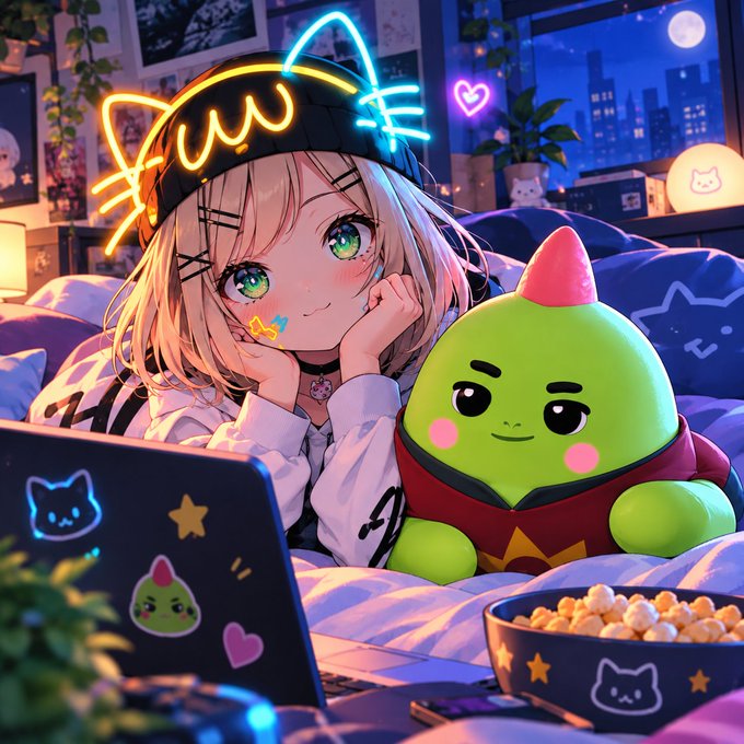 An anime-style illustration features a girl with cat-ear neon lights and a green plush character with a pink spike, lounging on a bed while watching a laptop decorated with cat and avocado stickers.