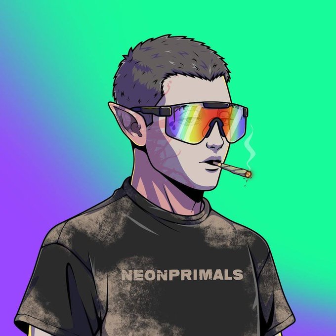 A digital illustration shows a character with pointed ears, rainbow-tinted sunglasses, and a 'NEONPRIMALS' t-shirt smoking a cigarette against a vibrant green and purple gradient background.